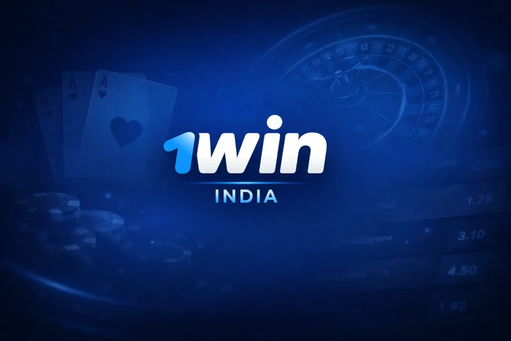 Dark-themed promotional banner for 1win India featuring the glowing '1win INDIA' logo in blue and white, playing cards, a roulette wheel with red-black numbers, floating poker chips, and a subtle betting odds display against a deep blue gradient with light effects