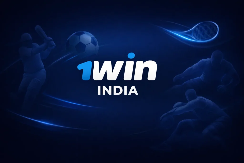 Dynamic sports betting advertisement for 1win India on a dark blue background, showing silhouettes of a cricket batsman swinging, soccer player kicking a ball, tennis player with racket, and athletic figures in motion, with blue glowing trails and the prominent '1win INDIA' logo centered in the composition